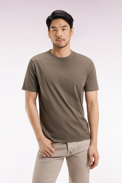 Short-sleeved round-neck T-shirt in khaki Pima cotton - Image 3