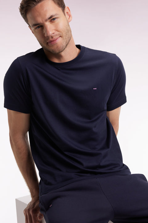 Short-sleeved T-shirt with embroidered back in navy Pima cotton - Image 1