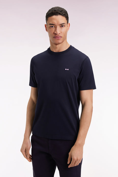 Short-sleeved navy cotton embroidered back T-shirt - Image 3