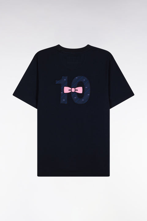 Short-sleeved navy cotton embroidered back T-shirt - Image 2