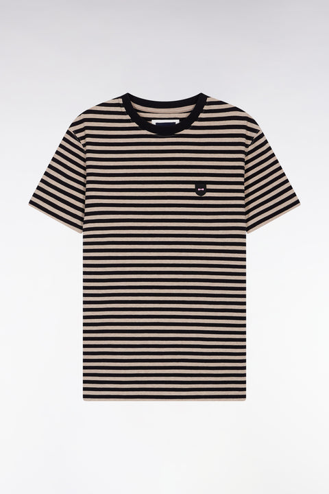 Short-sleeved T-shirt in navy and brown striped cotton jersey - Image 2