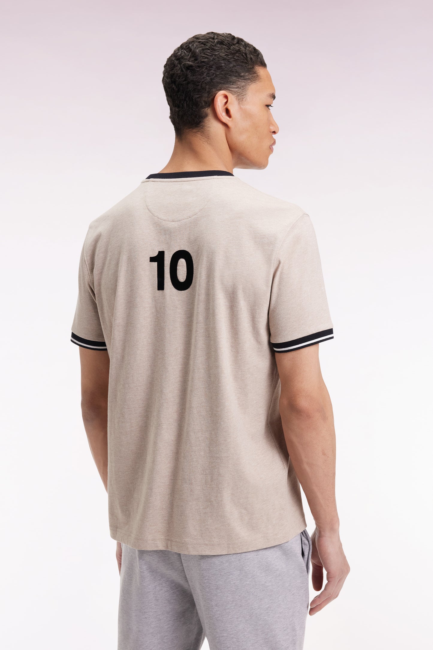 Beige and navy cotton short-sleeved T-shirt New Zealand