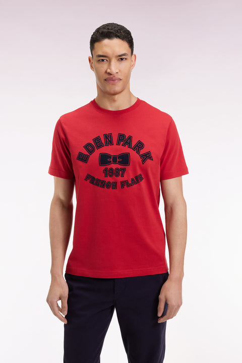 Short-sleeved T-shirt in red cotton with velvet-effect print - Image 3