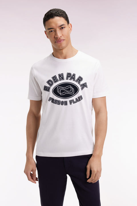 Short-sleeved T-shirt in white cotton with velvet-effect print - Image 3