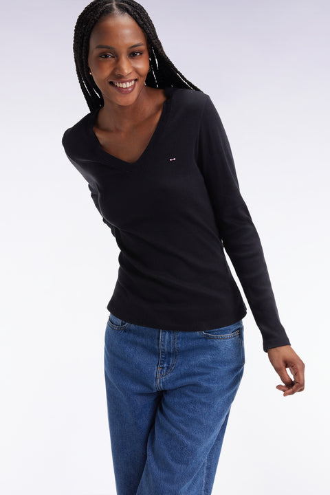 Long-sleeved T-shirt in black ribbed Pima cotton, slim fit - Image 1