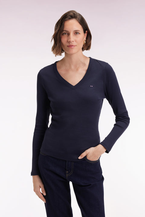 Long-sleeved T-shirt in navy ribbed Pima cotton, slim fit - Image 3