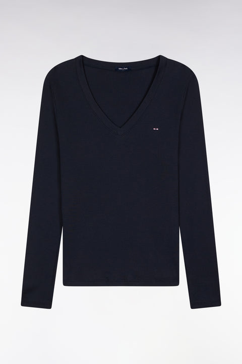 Long-sleeved T-shirt in navy ribbed Pima cotton, slim fit - Image 2