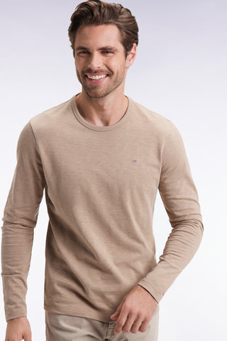 Long-sleeved T-shirt in beige slub cotton