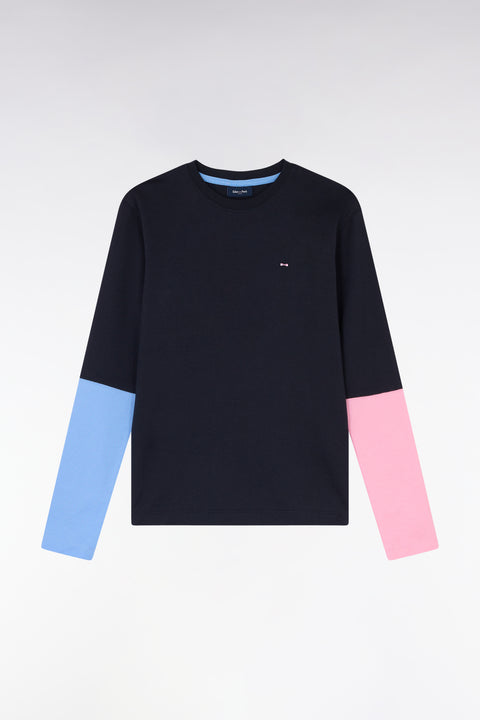Navy cotton two-tone long-sleeved T-shirt, straight cut - Image 2