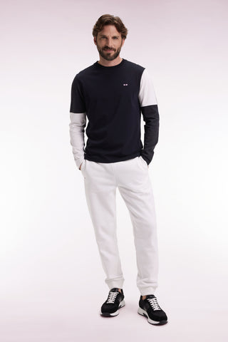 Black cotton colorblock white and grey long-sleeved T-shirt