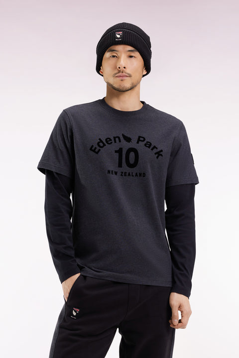 Long-sleeved T-shirt in grey cotton with overlay effect - Image 3
