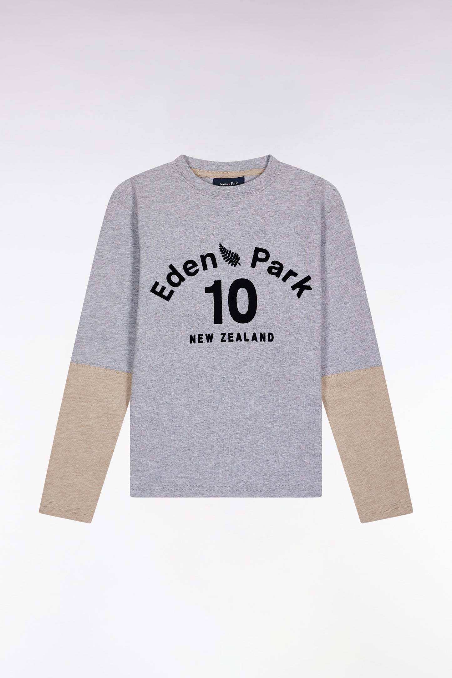 Long-sleeved T-shirt in two-tone grey and beige cotton, straight cut
