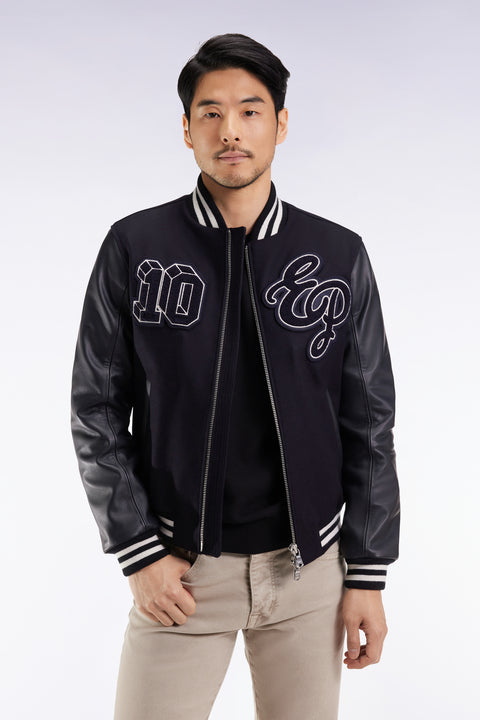 Two-tone teddy jacket with navy leather sleeves - Image 3