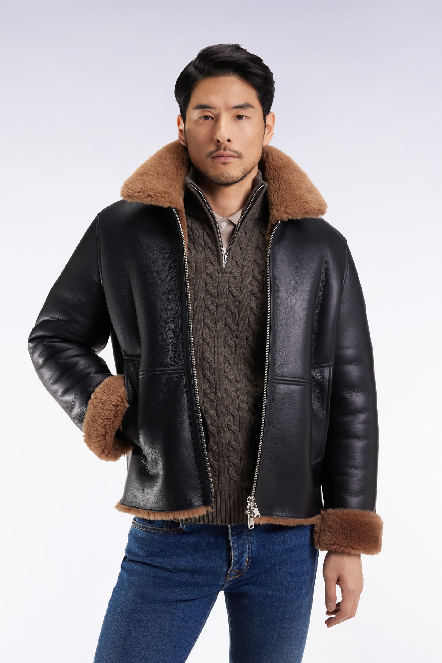 Black woolly jacket with brown collar