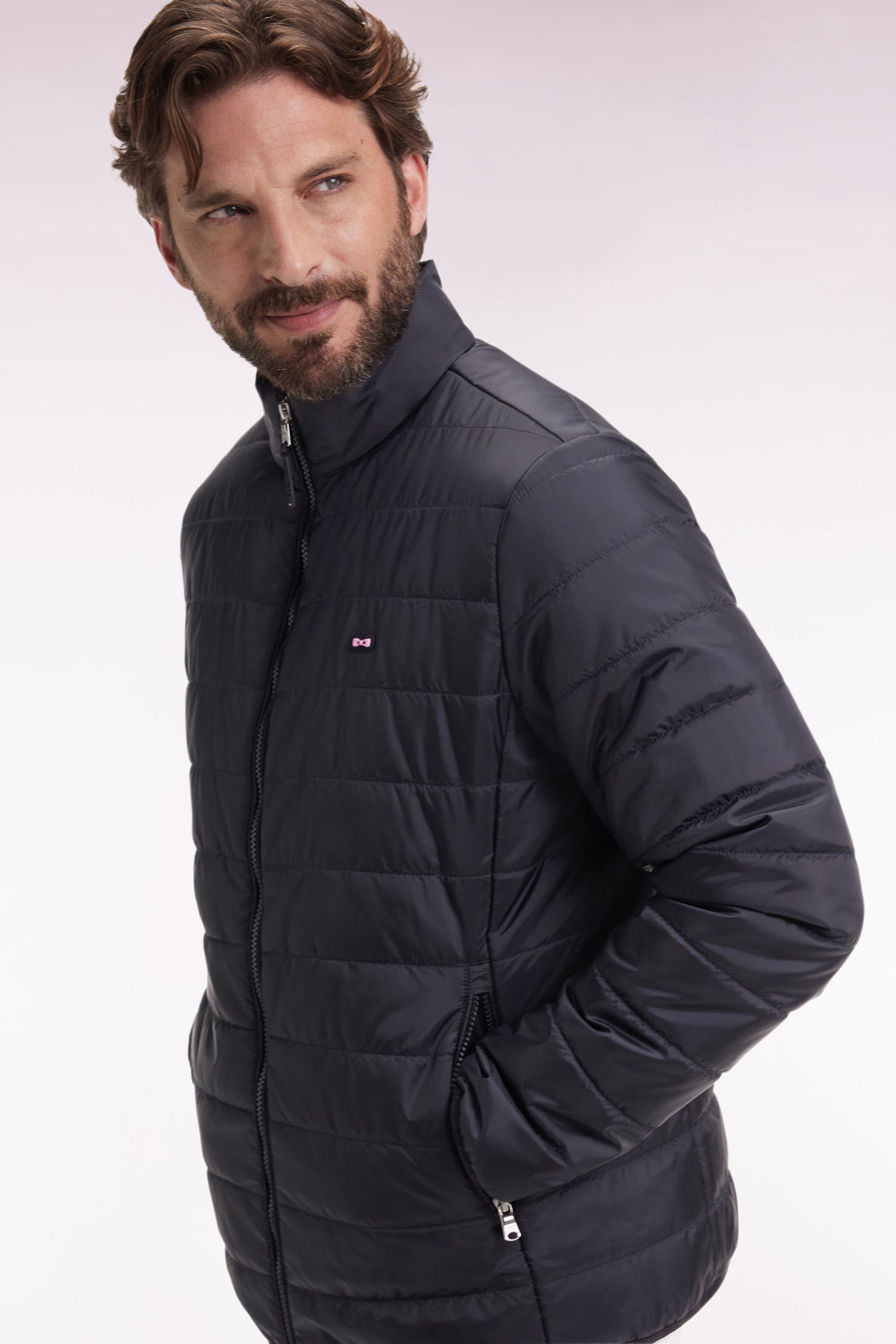 Black quilted nylon down jacket with stand-up collar