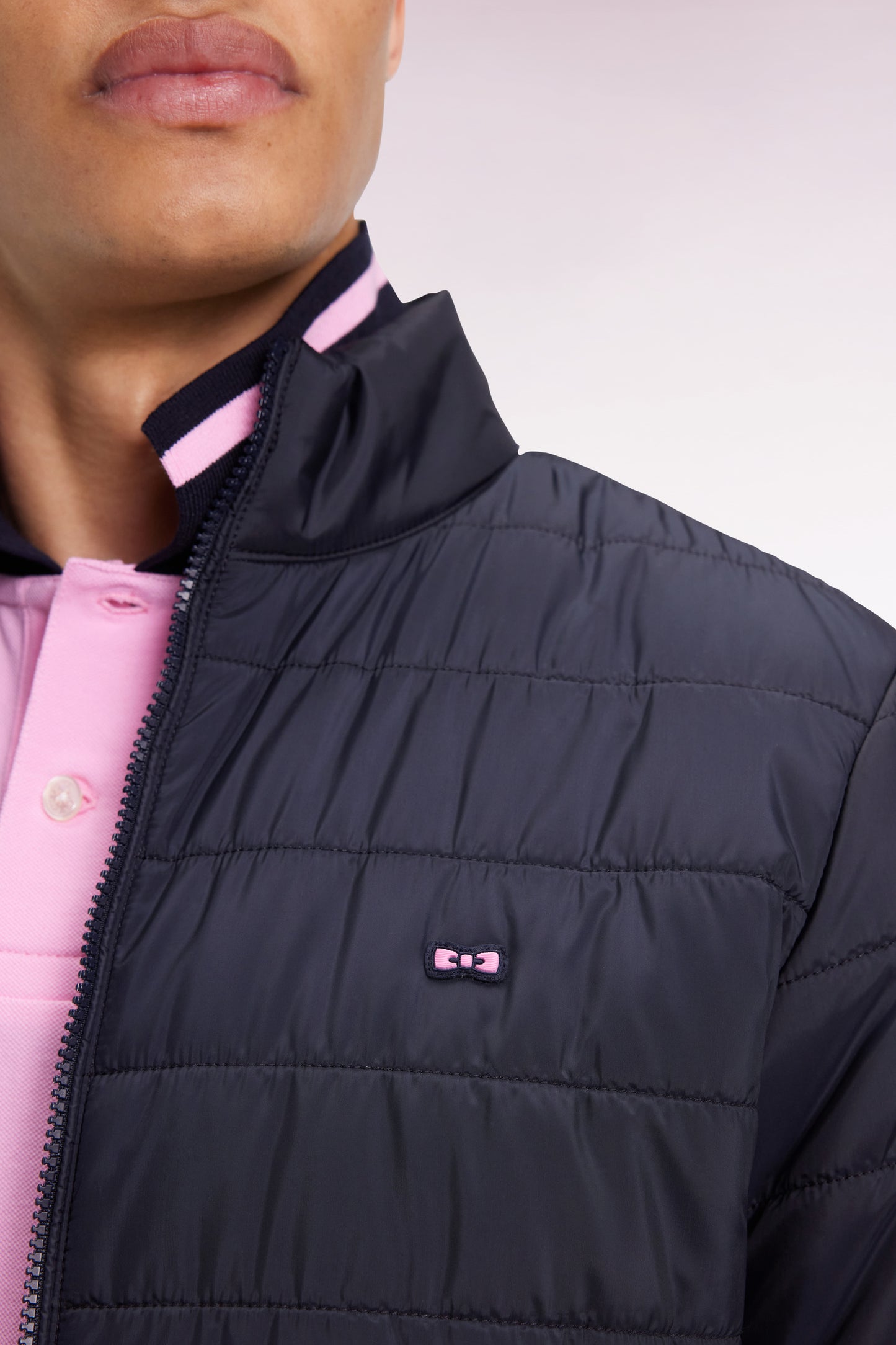 Navy quilted nylon down jacket with stand-up collar