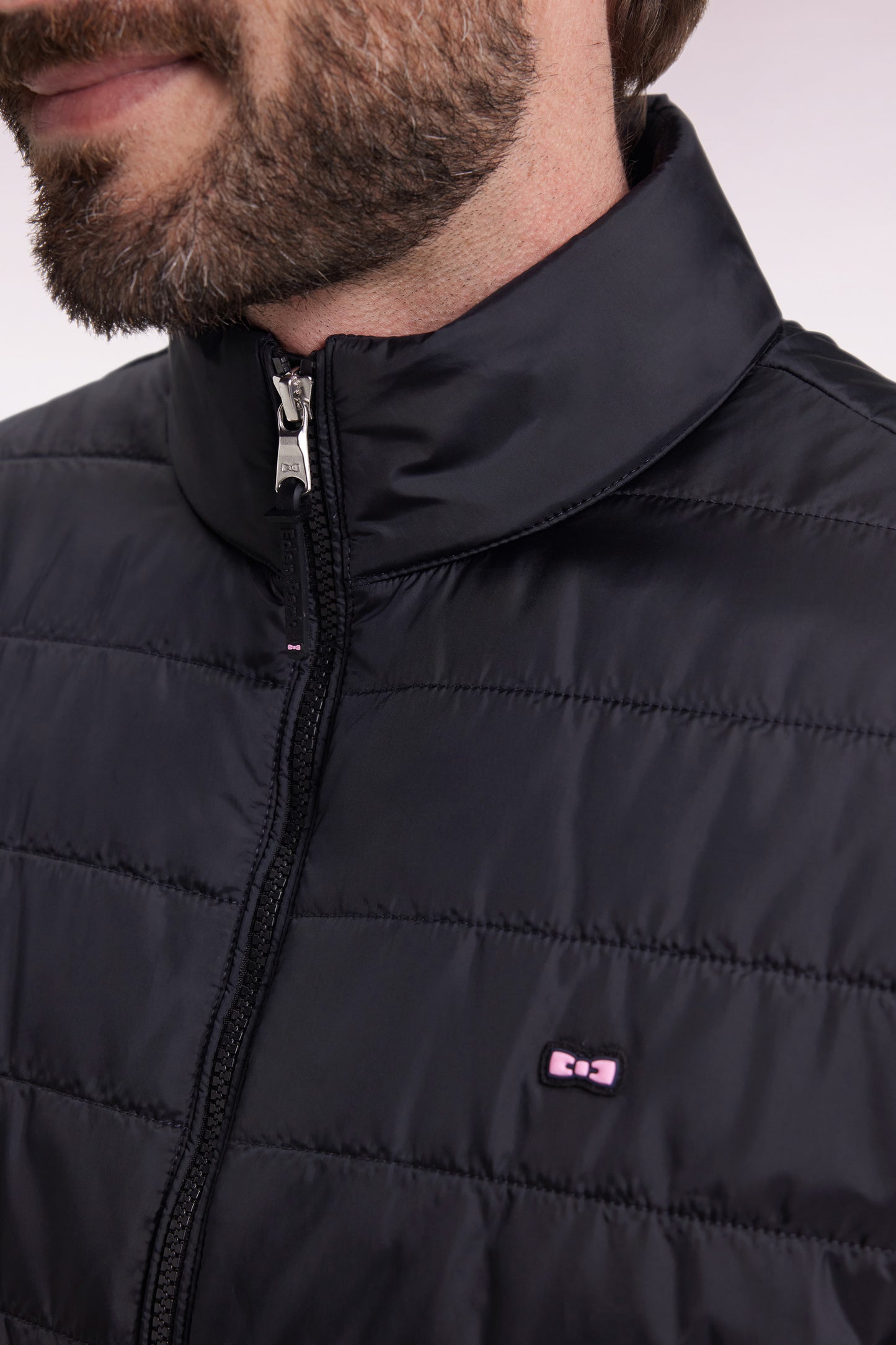 Black quilted nylon down jacket with stand-up collar
