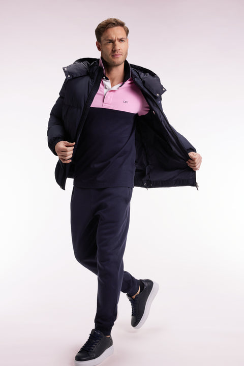 Navy quilted nylon down jacket with removable hood - Image 1