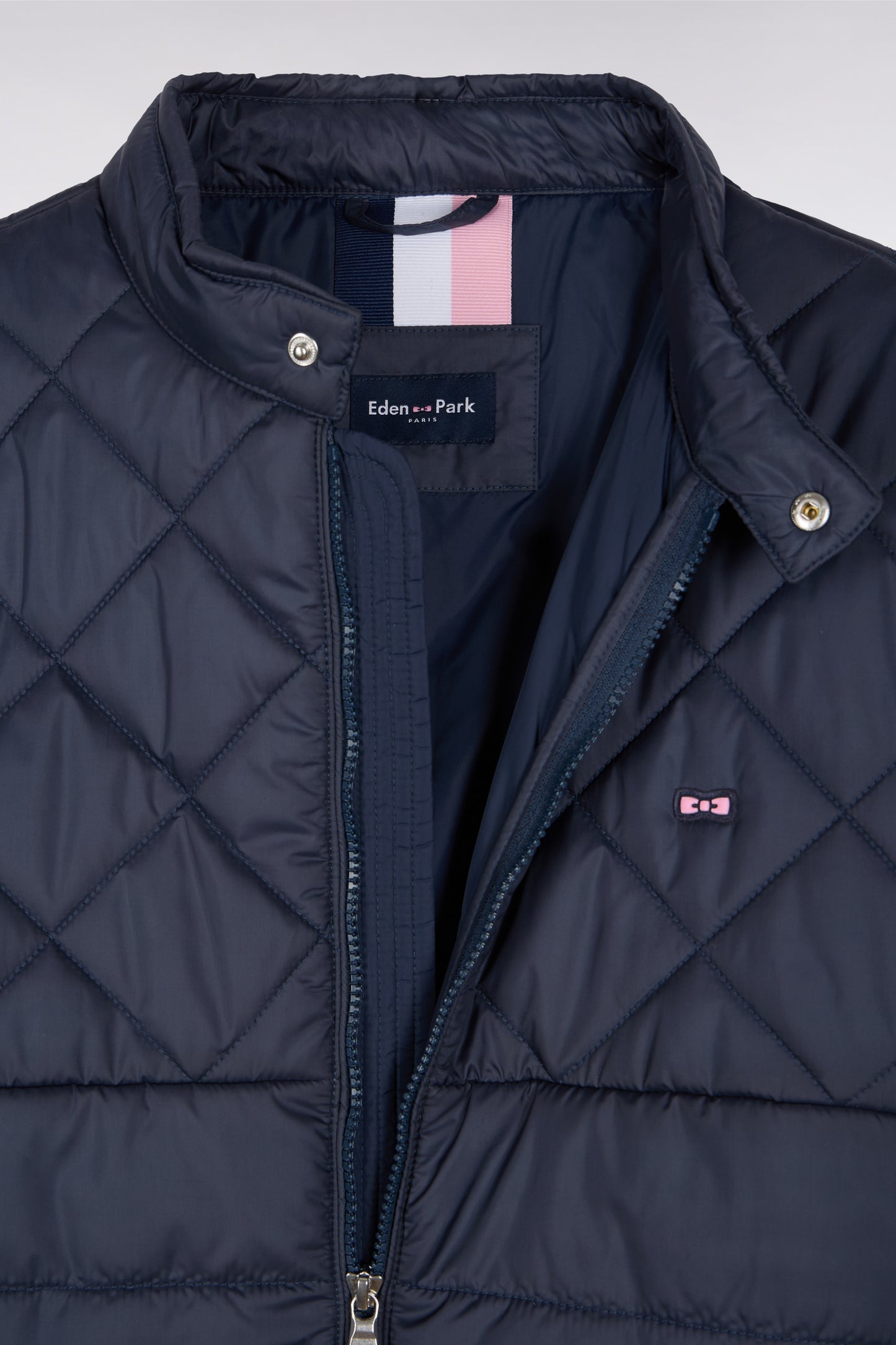 Beige quilted nylon jacket with biker collar