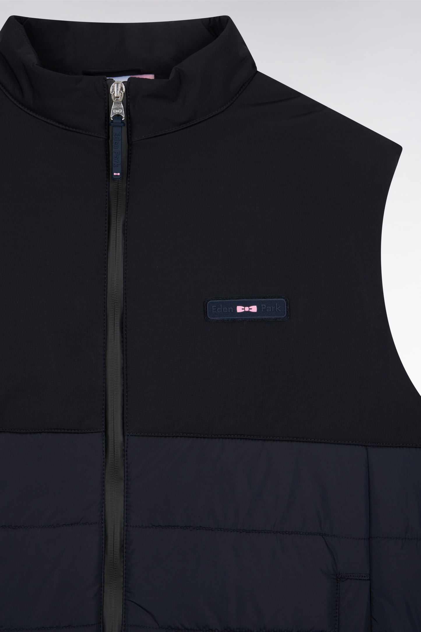 Navy two-material sleeveless down jacket