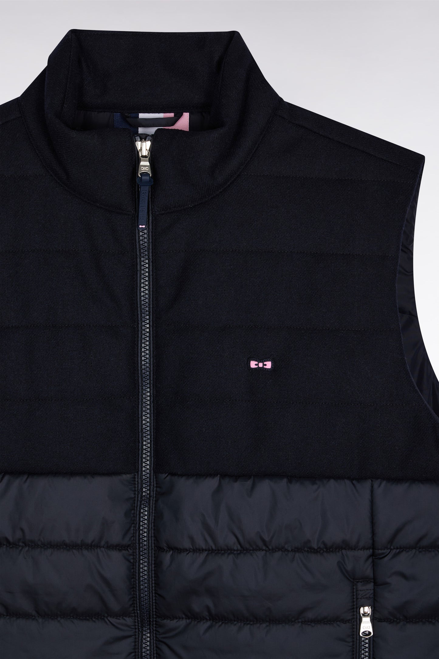 Two-material sleeveless down jacket in nylon and navy flannel