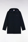Long navy nylon raincoat with removable hood