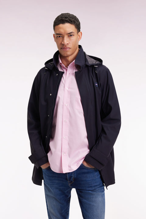 Long raincoat in navy double-faced jersey with removable hood - Image 3