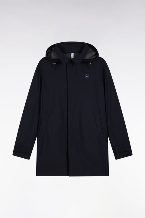 Long raincoat in navy double-faced jersey with removable hood - Image 2