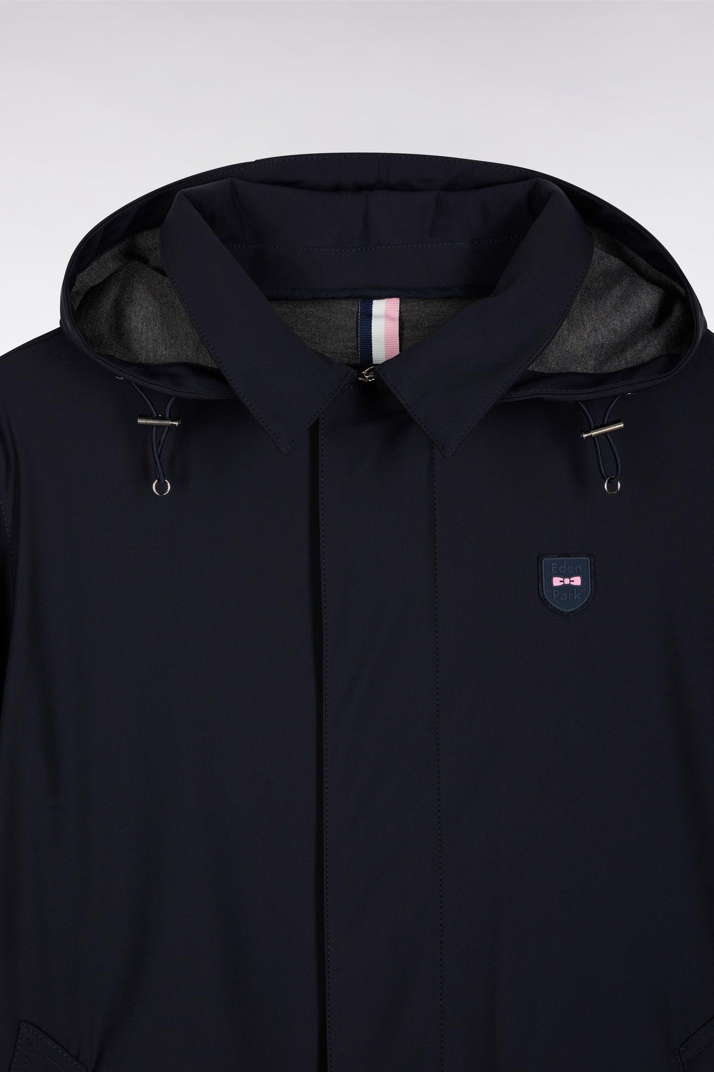 Long raincoat in navy double-faced jersey with removable hood