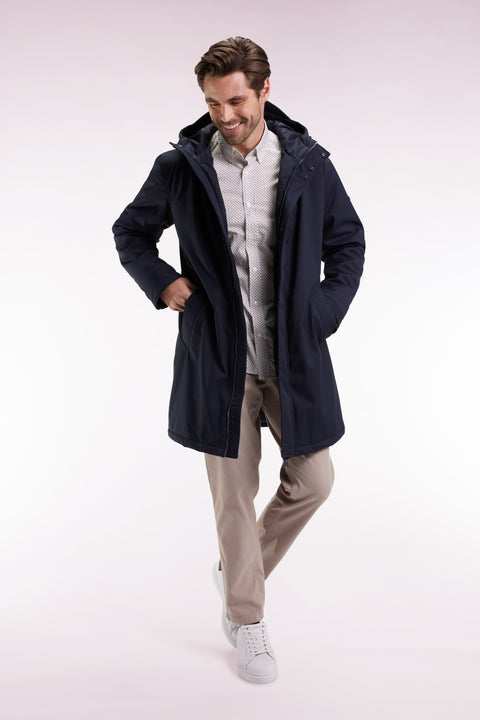 Long navy nylon parka with integrated hood - Image 1