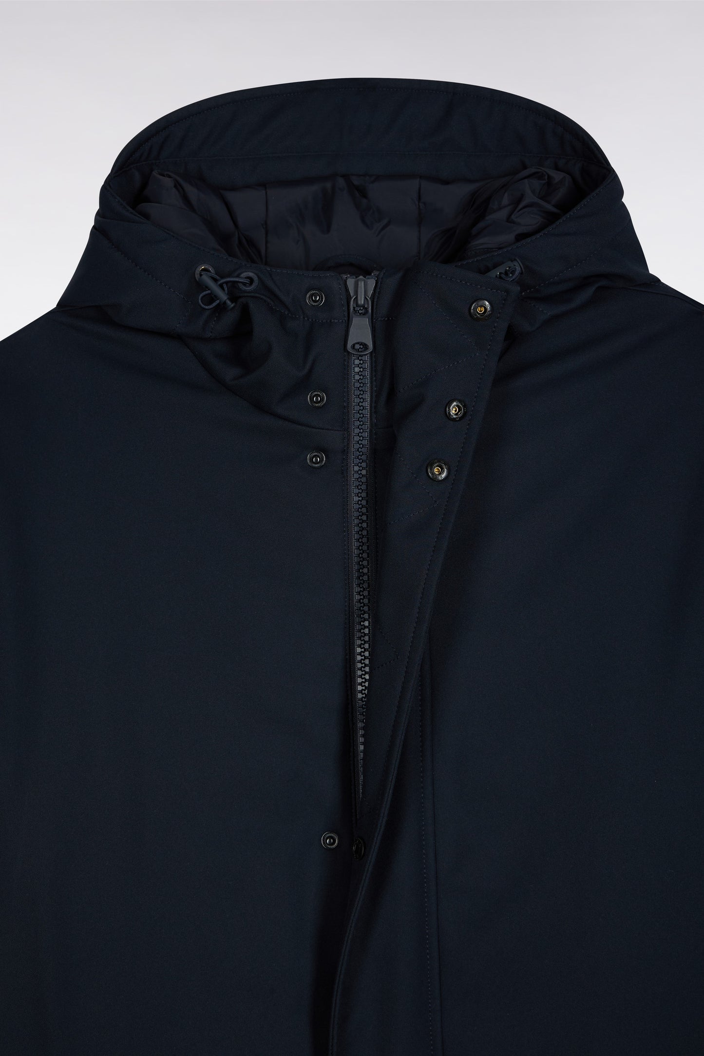 Long navy nylon parka with integrated hood