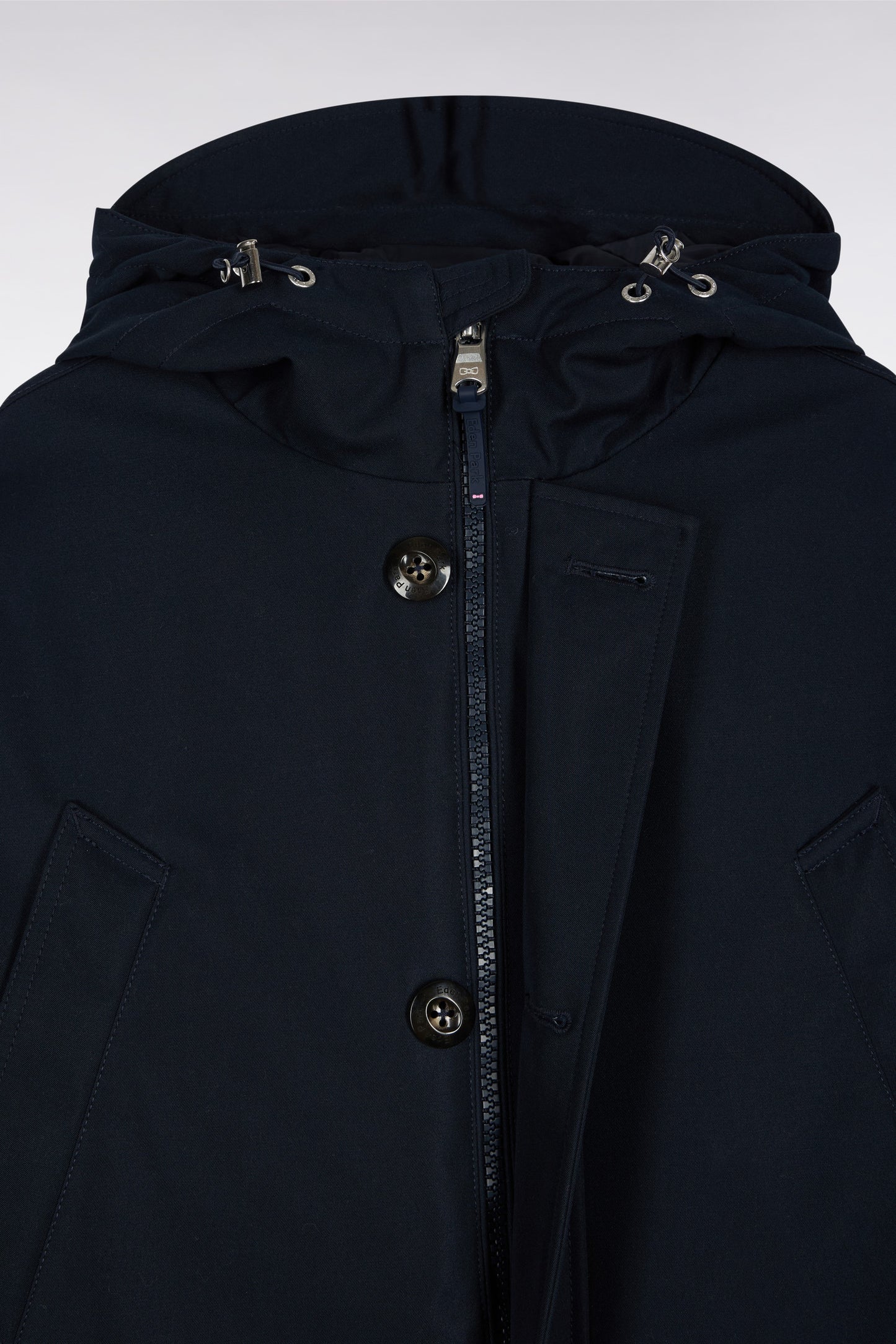 Short parka in navy nylon with patch pockets