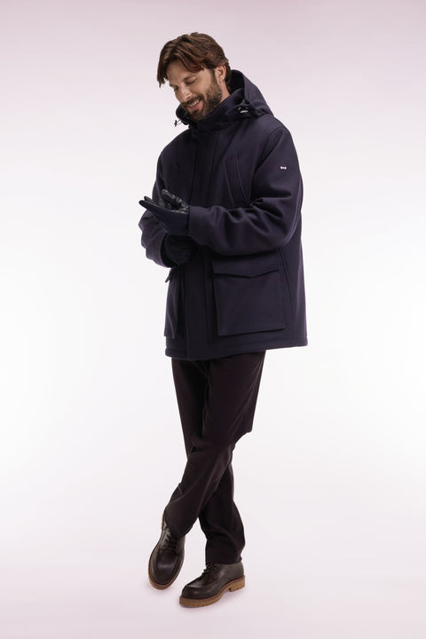 Short parka in navy wool and cashmere with detachable hood - Image 1