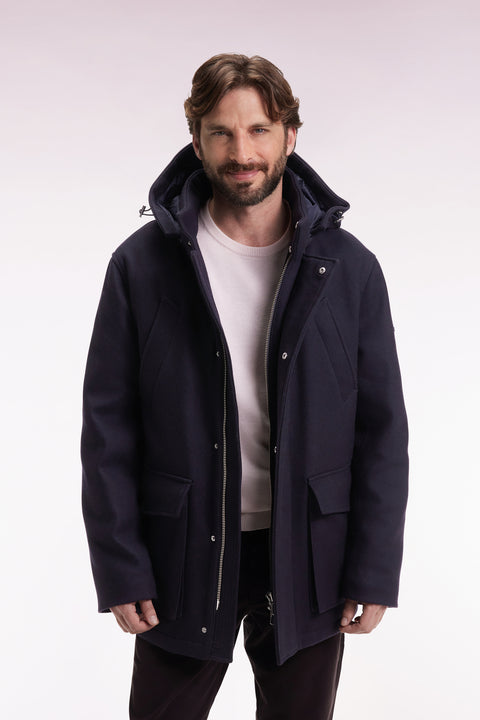Short parka in navy wool and cashmere with detachable hood - Image 2