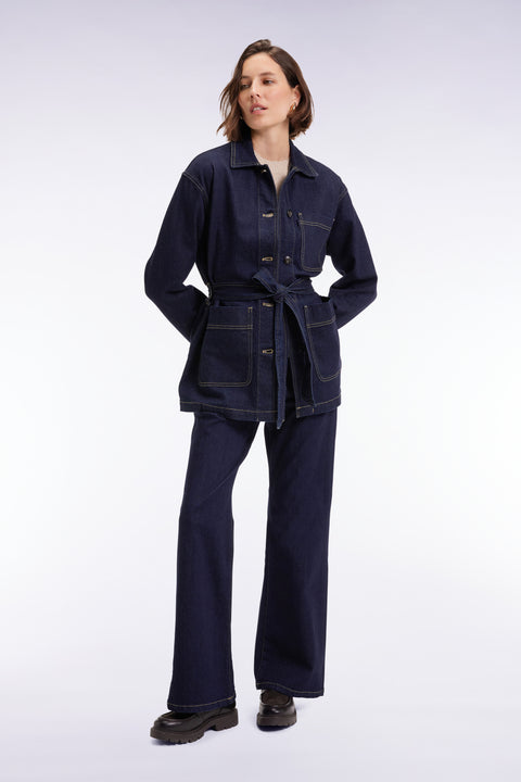 Belted overshirt in raw stretch denim Oversized cut - Image 1