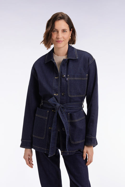 Belted overshirt in raw stretch denim Oversized cut - Image 3