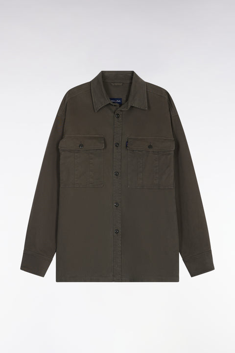 Khaki stretch cotton twill overshirt with patch pockets - Image 2