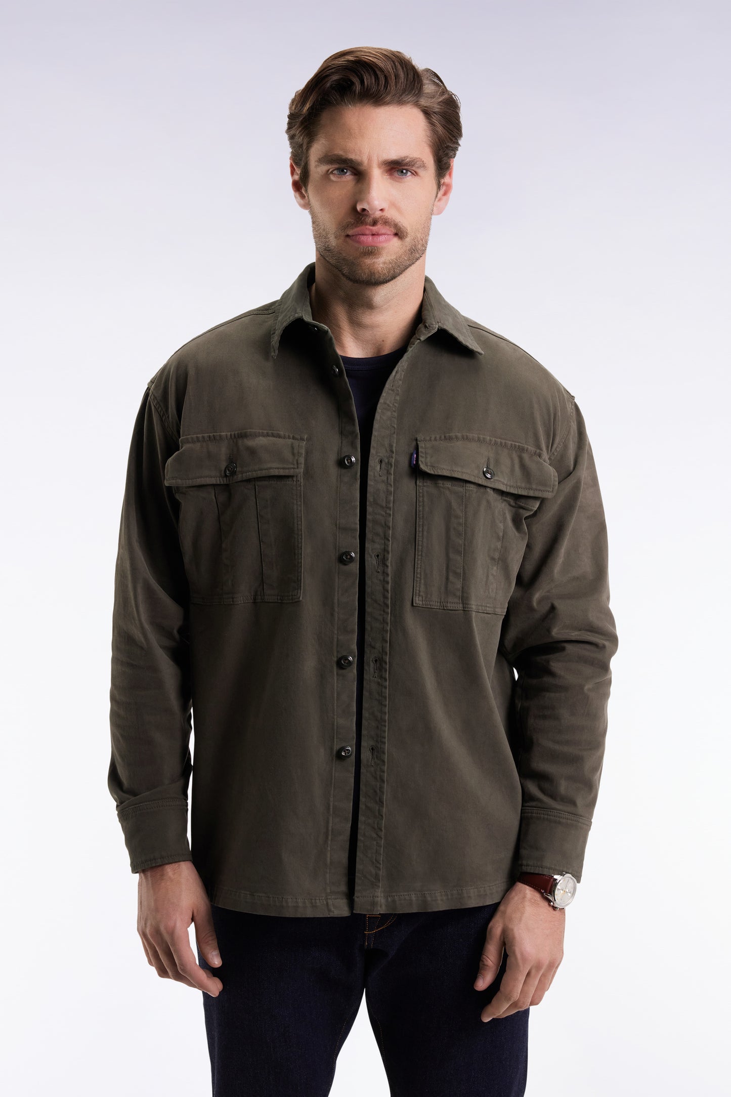 Surchemise en twill de coton stretch kaki à poches plaquées