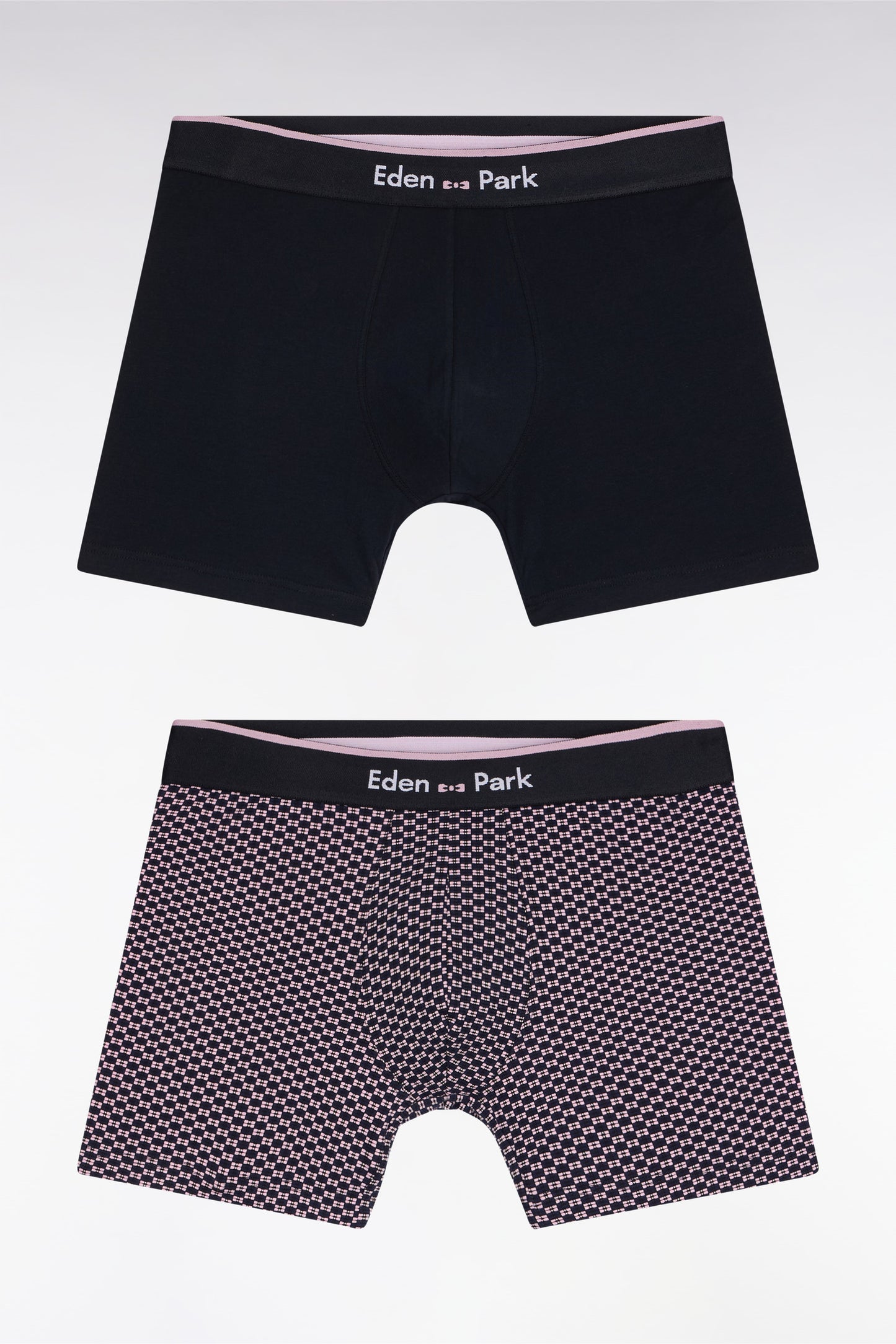 Set of two boxer shorts in plain stretch cotton jersey with navy and pink micro-patterns