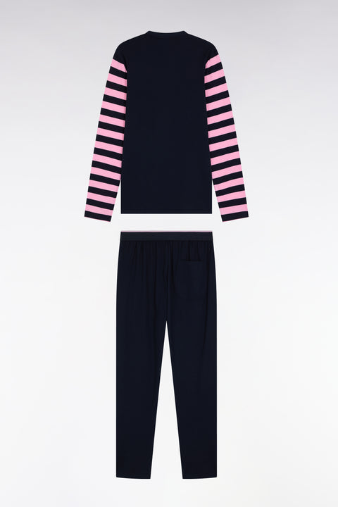 Long pyjamas in navy cotton jersey with striped sleeves - A SHOOTER - Image 2