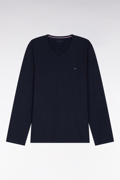 Long pyjamas in micro-patterned navy cotton jersey - Image 1