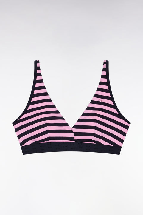 Stretch jersey bra in pink and navy ribbon with logo - Image 1