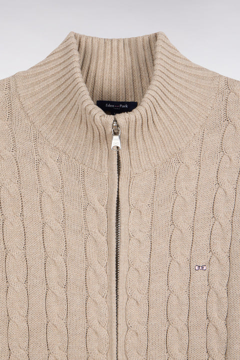 Cardigan à torsades zippé en coton beige coupe droite - Image 2