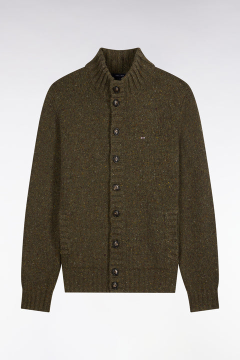 Buttoned cardigan in khaki heathered chunky knit, straight cut - Image 2