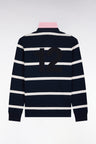 Long-sleeved jersey in navy striped cotton jersey with embroidery on the back