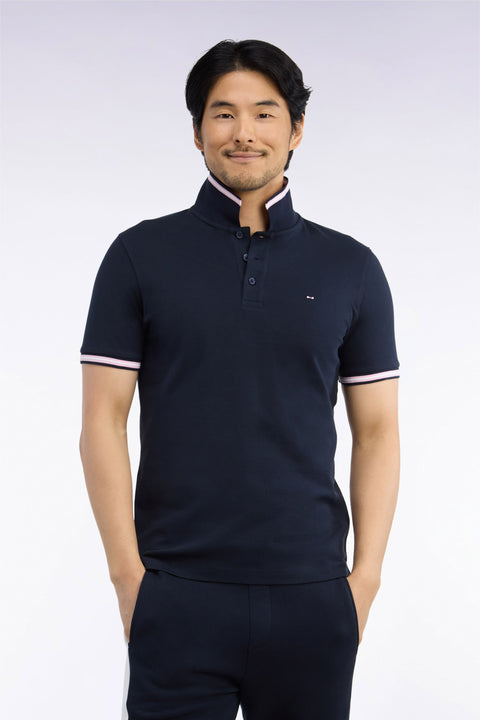 Short-sleeved polo shirt in navy cotton pique straight cut - Image 3