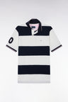 Short-sleeved polo shirt with ecru and navy rugby stripes, straight cut