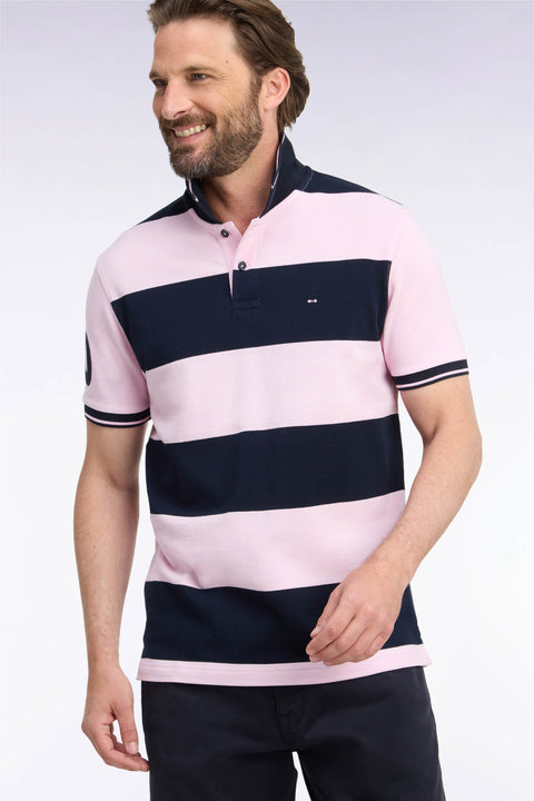 Polo manches courtes à rayures rugby roses et marine coupe droite - Image 1