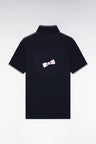 Short-sleeved polo shirt in green and navy cotton pique with embroidered back, straight cut