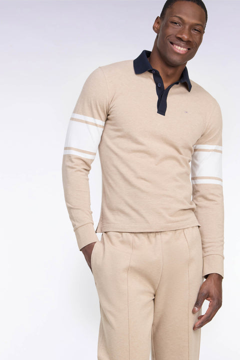 Long-sleeved polo shirt in beige cotton pique straight cut - Image 1